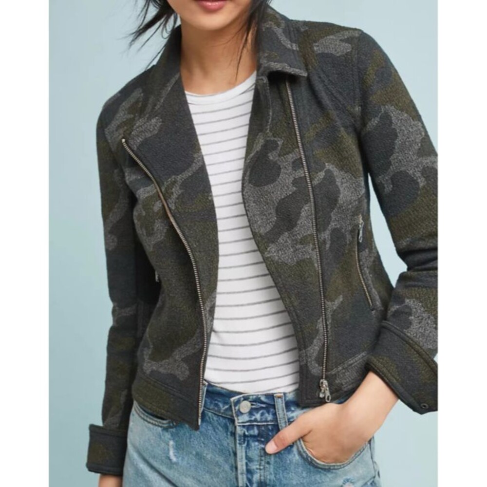 Anthropologie Camo Moto Jacket Green Grey Cotton Utility Full Zip Coat Collar S